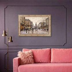 «An Autumn Evening in Paris,» в интерьере гостиной с розовым диваном