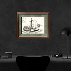 «War ship in the 15th century, from 'The National and Domestic History of England' » в интерьере кабинета в черных цветах над столом