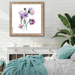 «Весенние лиловые цветы на белом фоне» в интерьере спальни в стиле прованс с голубыми деталями