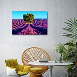 «Дерево в поле лаванды на плато Валенсоль, Прованс, Франция.» в интерьере современной гостиной с желтым креслом