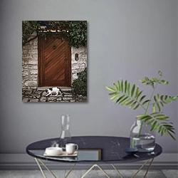 «Кошка у двери, Ровинь, Хорватия» в интерьере современной гостиной в серых тонах