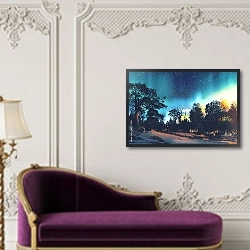 «Звездное небо над деревьями в лесу» в интерьере в классическом стиле над банкеткой