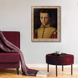 «Portrait of Ferdinando de' Medici» в интерьере гостиной в бордовых тонах