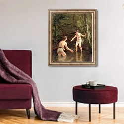 «Bathing Boys, 1873» в интерьере гостиной в бордовых тонах