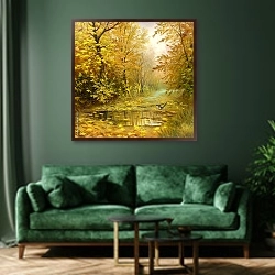 «Красивый осенний пейзаж» в интерьере зеленой гостиной над диваном