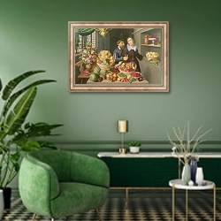«Man and Woman Before a Table Laid with Fruits and Vegetables» в интерьере гостиной в зеленых тонах