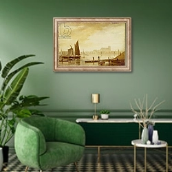 «Westminster Bridge and Abbey, 1813» в интерьере гостиной в зеленых тонах