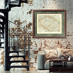 «Карта Богемии, Моравии и Австрийской Силезии» в интерьере двухярусной гостиной в стиле лофт с кирпичной стеной