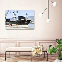 «Красный грузовик и черный корабль в порту» в интерьере современной прихожей в розовых тонах