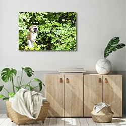 «Детёныш обезьяны в зелёной листве» в интерьере современной комнаты над комодом