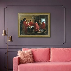 «В крестьянской избе» в интерьере гостиной с розовым диваном