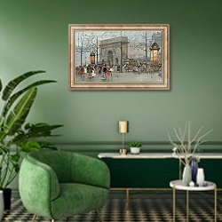 «Street scene in Paris» в интерьере гостиной в зеленых тонах