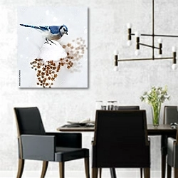 «Синяя зимняя птица на ветке» в интерьере современной столовой с черными креслами