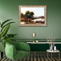 «Река Тави» в интерьере гостиной в зеленых тонах