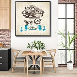 «Иллюстрация с рыбным стейком» в интерьере кухни с кирпичными стенами над столом