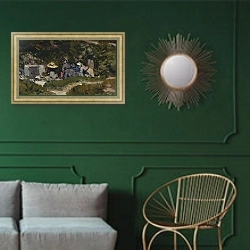 «Women Laundering» в интерьере классической гостиной с зеленой стеной над диваном