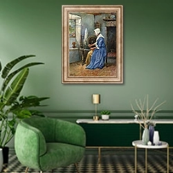 «Illustration for the Young Pilgrims 2» в интерьере гостиной в зеленых тонах