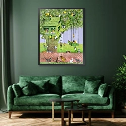 «Cat Tree House,» в интерьере зеленой гостиной над диваном