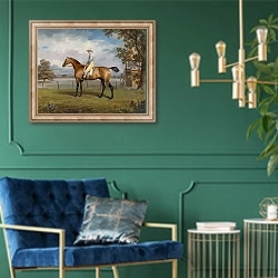 «Portrait of a Racehorse Possibly Disguise with Jockey Up» в интерьере в классическом стиле с зеленой стеной