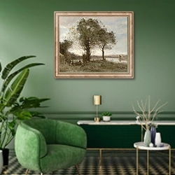 «Пейзаж 15» в интерьере гостиной в зеленых тонах