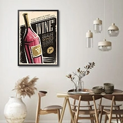 «Вино, ретро плакат с бутылкой красного вина» в интерьере кухни в стиле ретро над обеденным столом