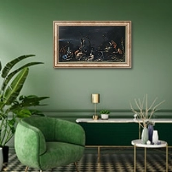 «Ведьмы за заклинаниями» в интерьере гостиной в зеленых тонах