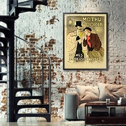 «Reproduction of a poster advertising 'Mothu and Doria'in impressionist scenes, 1893» в интерьере двухярусной гостиной в стиле лофт с кирпичной стеной