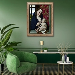 «Дева Мария и младенец 2» в интерьере гостиной в зеленых тонах