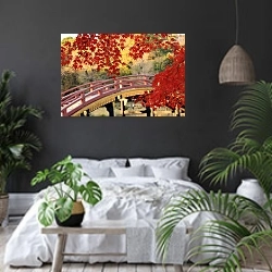 «Японский садик. Осень» в интерьере современной спальни с черными стенами