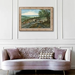 «Панорамный пейзаж с крытой телегой и путниками» в интерьере гостиной в классическом стиле над диваном