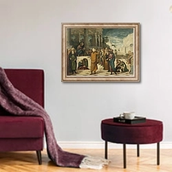 «Christ and the Adulteress, 1550-80» в интерьере гостиной в бордовых тонах