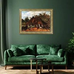 «Изба и женщина с козой» в интерьере зеленой гостиной над диваном