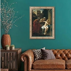 «Сусанна, застигнутая старцами в купальне. 1822» в интерьере гостиной с зеленой стеной над диваном