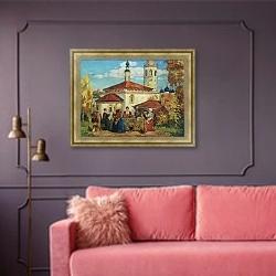 «В старом Суздале» в интерьере гостиной с розовым диваном