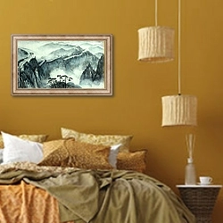 «Пейзаж с великой китайской стеной» в интерьере спальни  в этническом стиле в желтых тонах