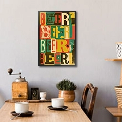 «Типографский пивной плакат» в интерьере кухни над обеденным столом с кофемолкой