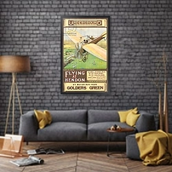 «'Flying at Hendon', an advertising poster, 1914» в интерьере в стиле лофт над диваном