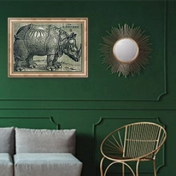 «The Rhinoceros, 1515 1» в интерьере классической гостиной с зеленой стеной над диваном