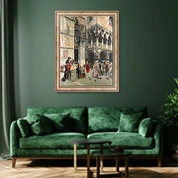 «In the Piazzetta, Eighteenth Century, 1859-92» в интерьере зеленой гостиной над диваном