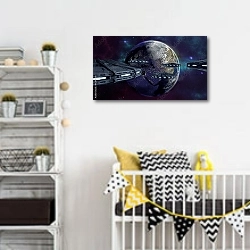 «Космические корабли около Земли» в интерьере детской комнаты для мальчика с желтыми деталями