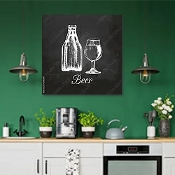 «Бутылка пива и стакан» в интерьере кухни с зелеными стенами