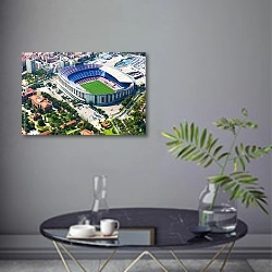 «Испания. Вид на Барселонский стадион с вертолета» в интерьере современной гостиной в серых тонах