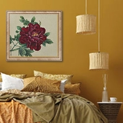 «Яркий бордовый китайский пион» в интерьере спальни  в этническом стиле в желтых тонах