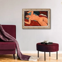 «Reclining nude, 1917-18» в интерьере гостиной в бордовых тонах