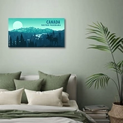 «Панорама Канады с лесом и лосем» в интерьере современной спальни в зеленых тонах