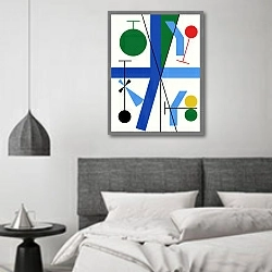 «Four spaces with blue broken cross» в интерьере спальне в стиле минимализм над кроватью