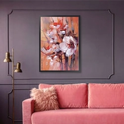 «Цветущий миндаль #1» в интерьере гостиной с розовым диваном