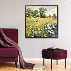 «Meadow with white irises» в интерьере гостиной в бордовых тонах
