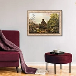 «Landscape with Ruins, 1854» в интерьере гостиной в бордовых тонах