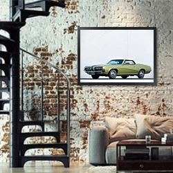 «Mercury Cougar Convertible '1970» в интерьере двухярусной гостиной в стиле лофт с кирпичной стеной